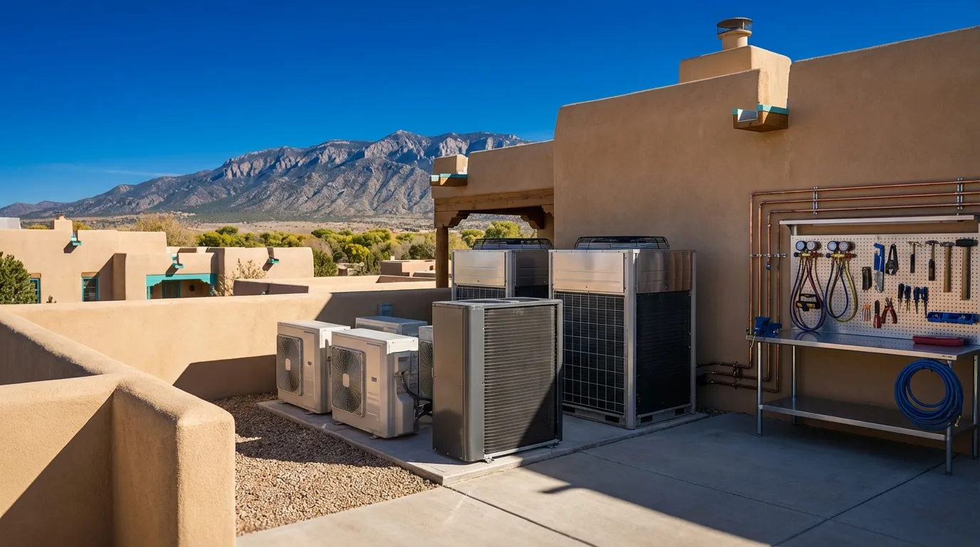 Professional HVAC technician servicing an air conditioning unit on an Albuquerque home rooftop with the Sandia Mountains visible in the background under clear blue sky
