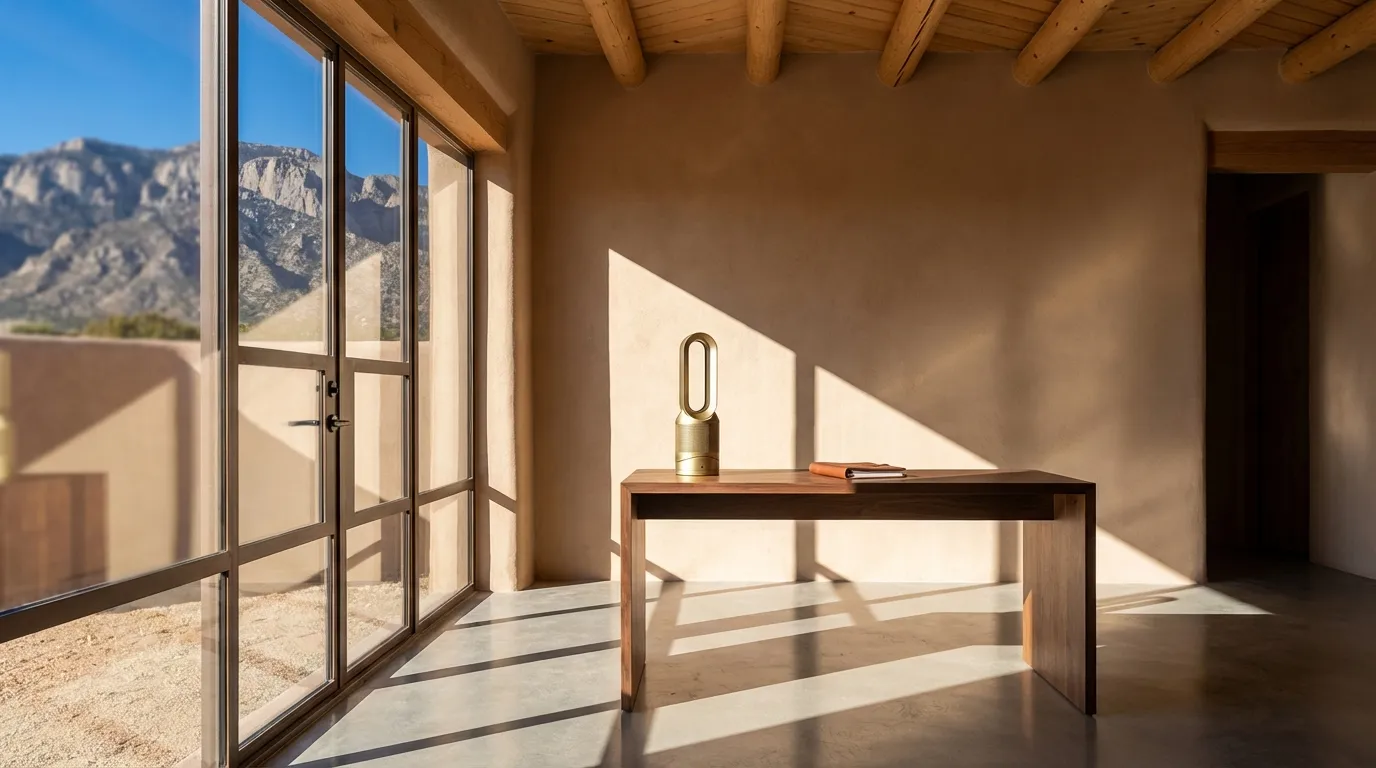 Professional HVAC technician servicing an air conditioning unit on an Albuquerque home rooftop with the Sandia Mountains visible in the background under clear blue sky