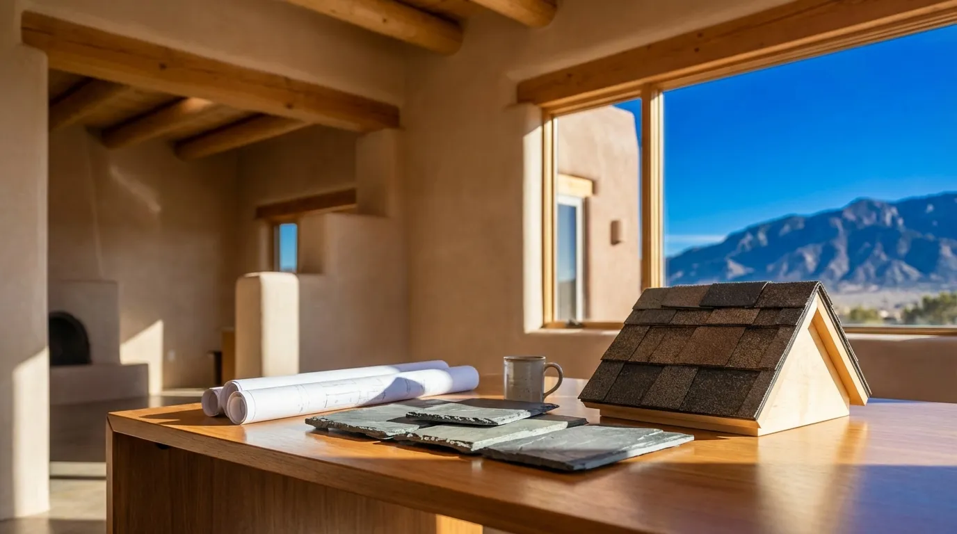 Professional roofing contractor inspecting an Albuquerque home roof with the Sandia Mountains visible in the background and clear New Mexico sky