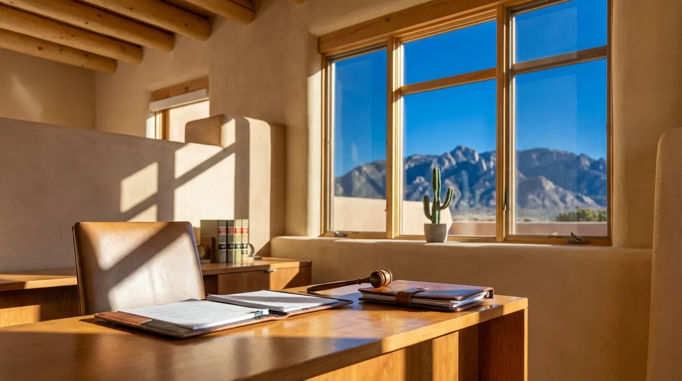 Professional legal office in Albuquerque with the Bernalillo County courthouse visible through the window and clear New Mexico sky in the background