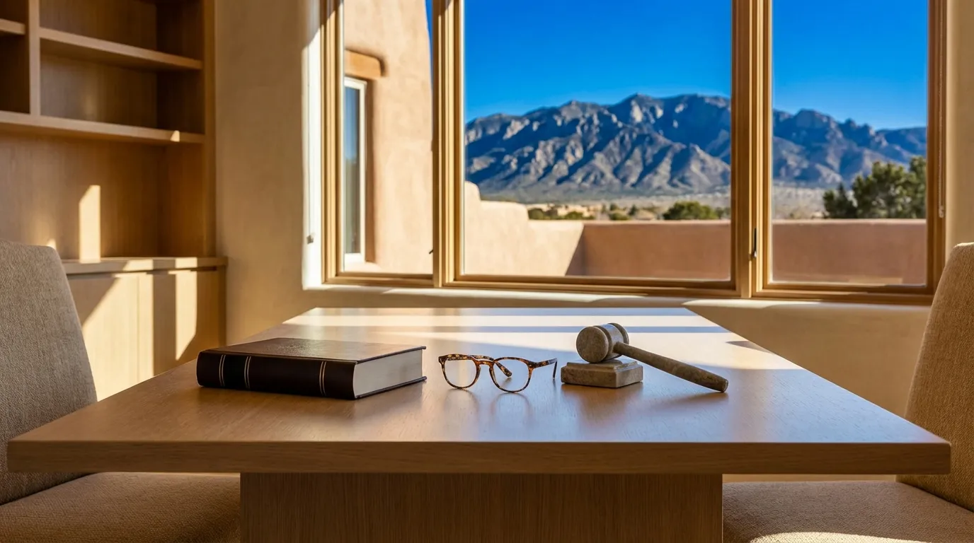 Professional legal office in Albuquerque with the Bernalillo County courthouse visible through the window and clear New Mexico sky in the background