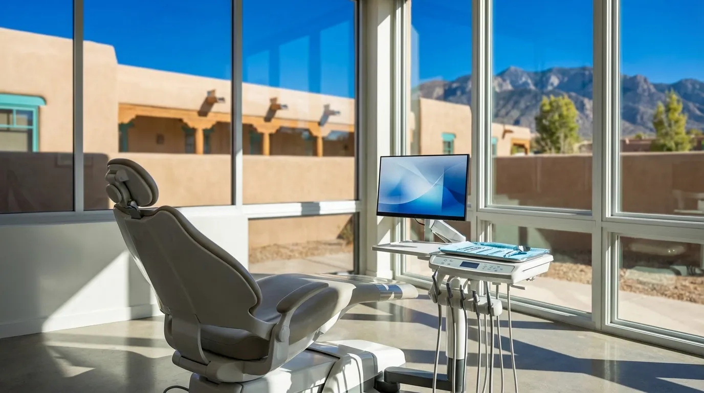 Modern dental office interior in Albuquerque with warm Southwestern design accents, professional dental team with advanced equipment, and natural light from window showing clear New Mexico blue sky