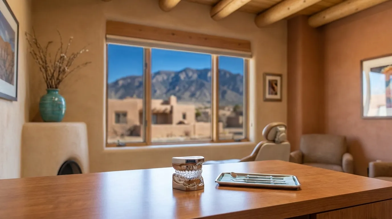 Modern dental office interior in Albuquerque with warm Southwestern design accents, professional dental team with advanced equipment, and natural light from window showing clear New Mexico blue sky