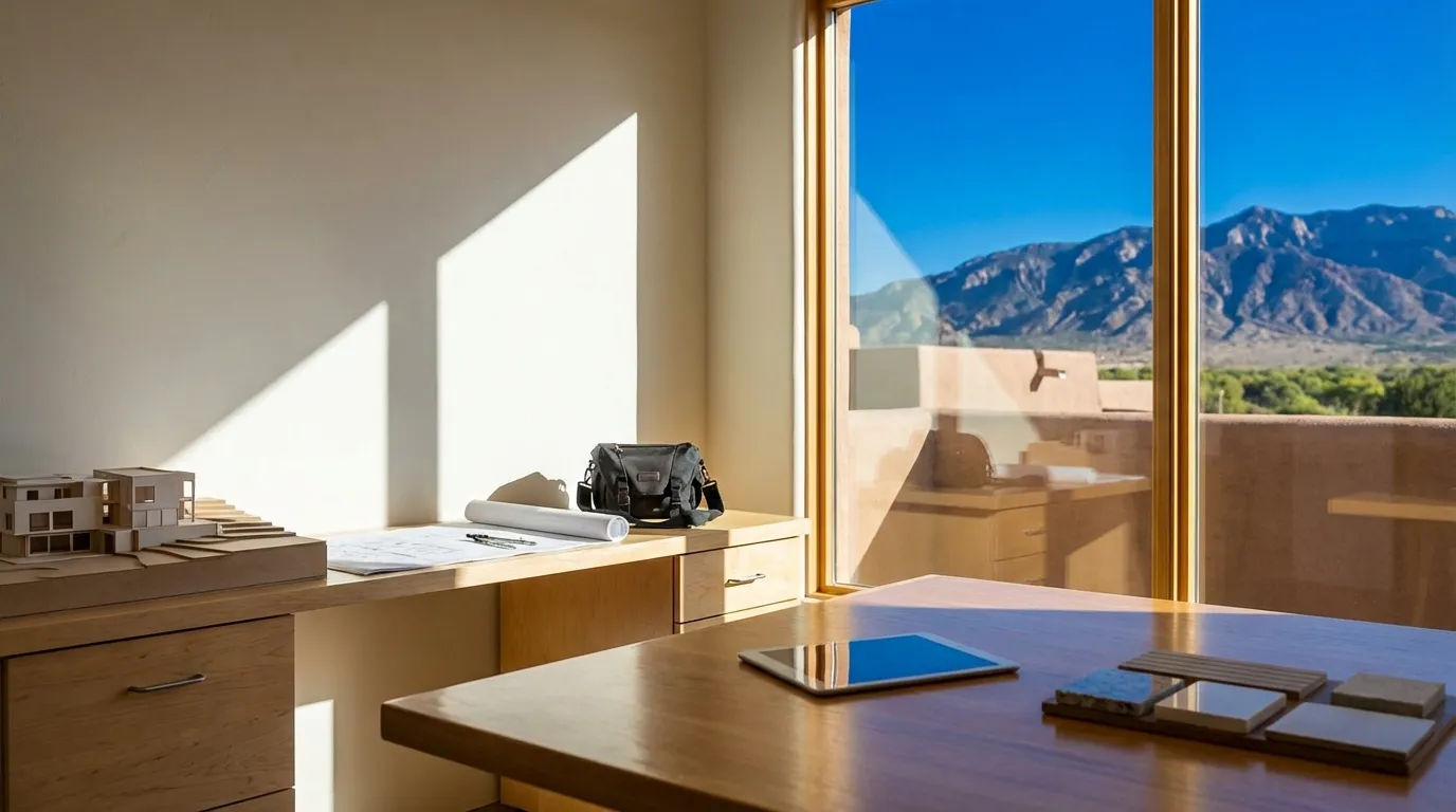 Professional real estate agent showing a Southwestern adobe-style home in Albuquerque's Northeast Heights neighborhood, with Sandia Mountains visible in the background against a deep blue New Mexico sky
