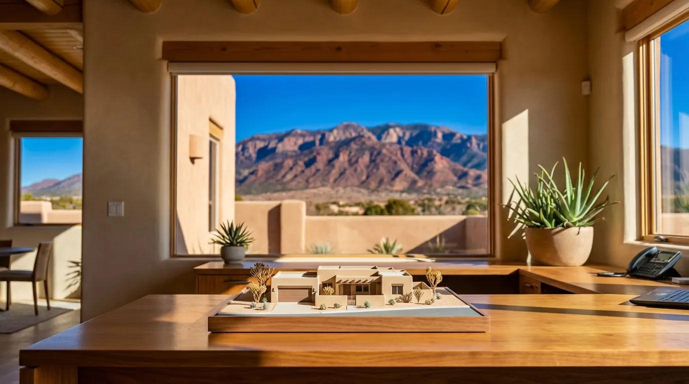 Professional real estate agent showing a Southwestern adobe-style home in Albuquerque's Northeast Heights neighborhood, with Sandia Mountains visible in the background against a deep blue New Mexico sky