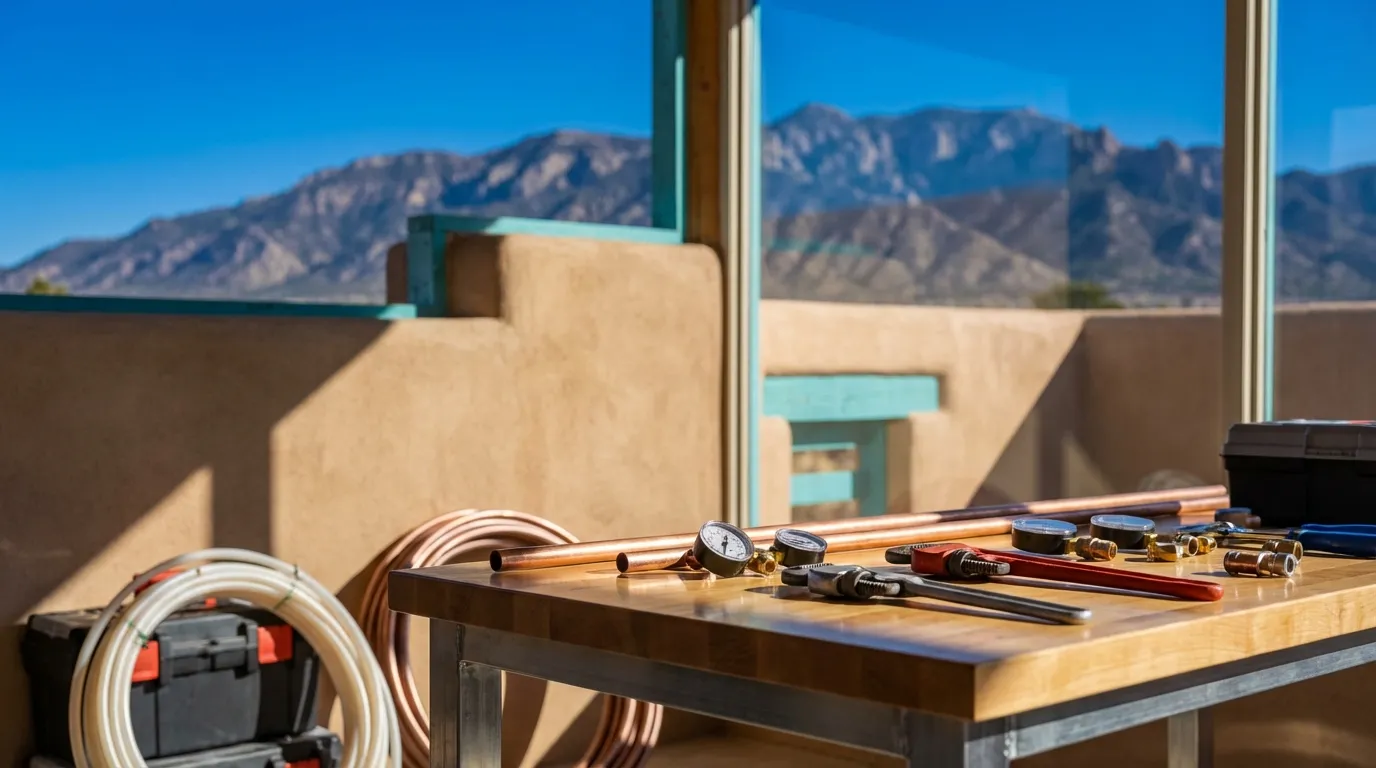 Professional plumber in clean uniform installing a water heater in an Albuquerque home with Southwestern tile accents and natural stone countertops, clear New Mexico blue sky visible through the window