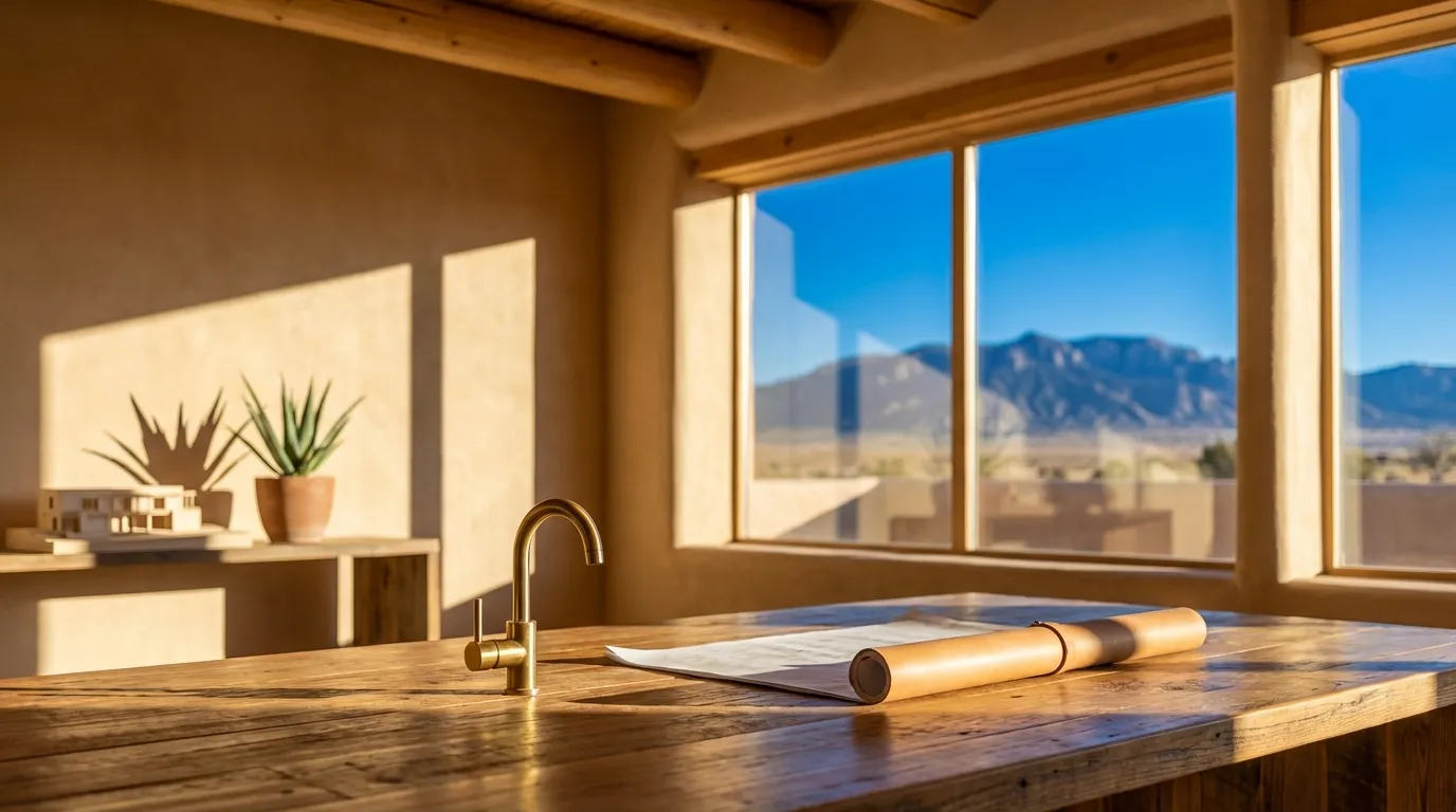 Professional plumber in clean uniform installing a water heater in an Albuquerque home with Southwestern tile accents and natural stone countertops, clear New Mexico blue sky visible through the window