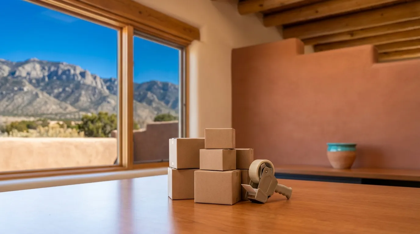 Professional moving crew loading furniture from an adobe-style home in Albuquerque with the Sandia Mountains visible in the background and clear blue New Mexico sky, movers in matching uniforms