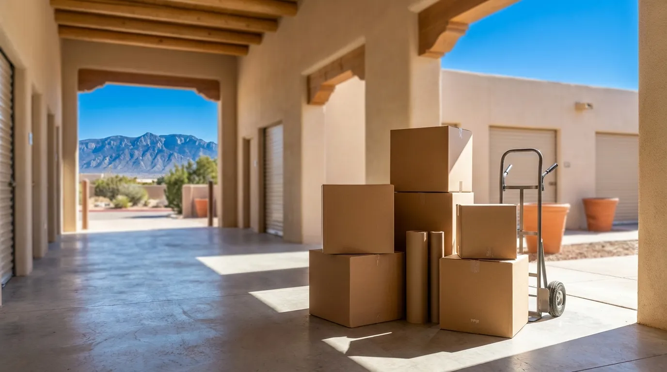 Professional moving crew loading furniture from an adobe-style home in Albuquerque with the Sandia Mountains visible in the background and clear blue New Mexico sky, movers in matching uniforms