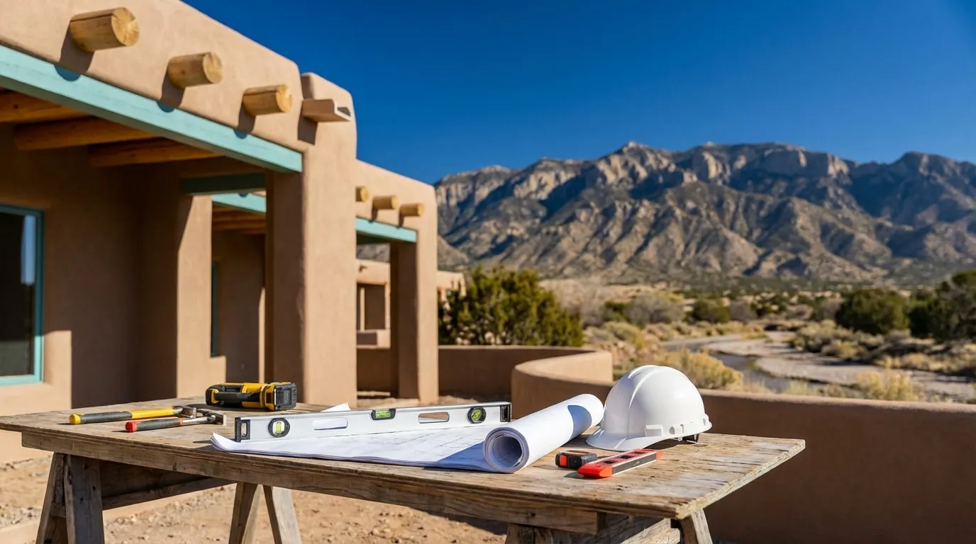 Skilled contractor installing custom cabinetry in an Albuquerque kitchen renovation blending Southwestern design elements including saltillo tile and warm adobe walls, with clear blue New Mexico sky visible through the window