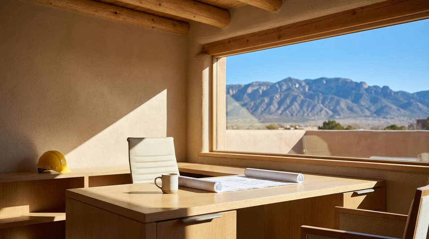 Skilled contractor installing custom cabinetry in an Albuquerque kitchen renovation blending Southwestern design elements including saltillo tile and warm adobe walls, with clear blue New Mexico sky visible through the window