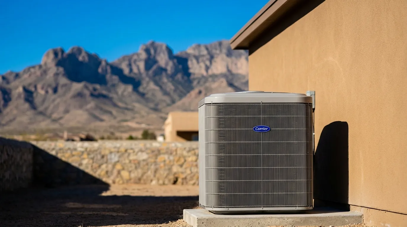 Professional HVAC technician servicing a condenser unit beside a stucco home in El Paso, TX, with the Franklin Mountains visible in the background