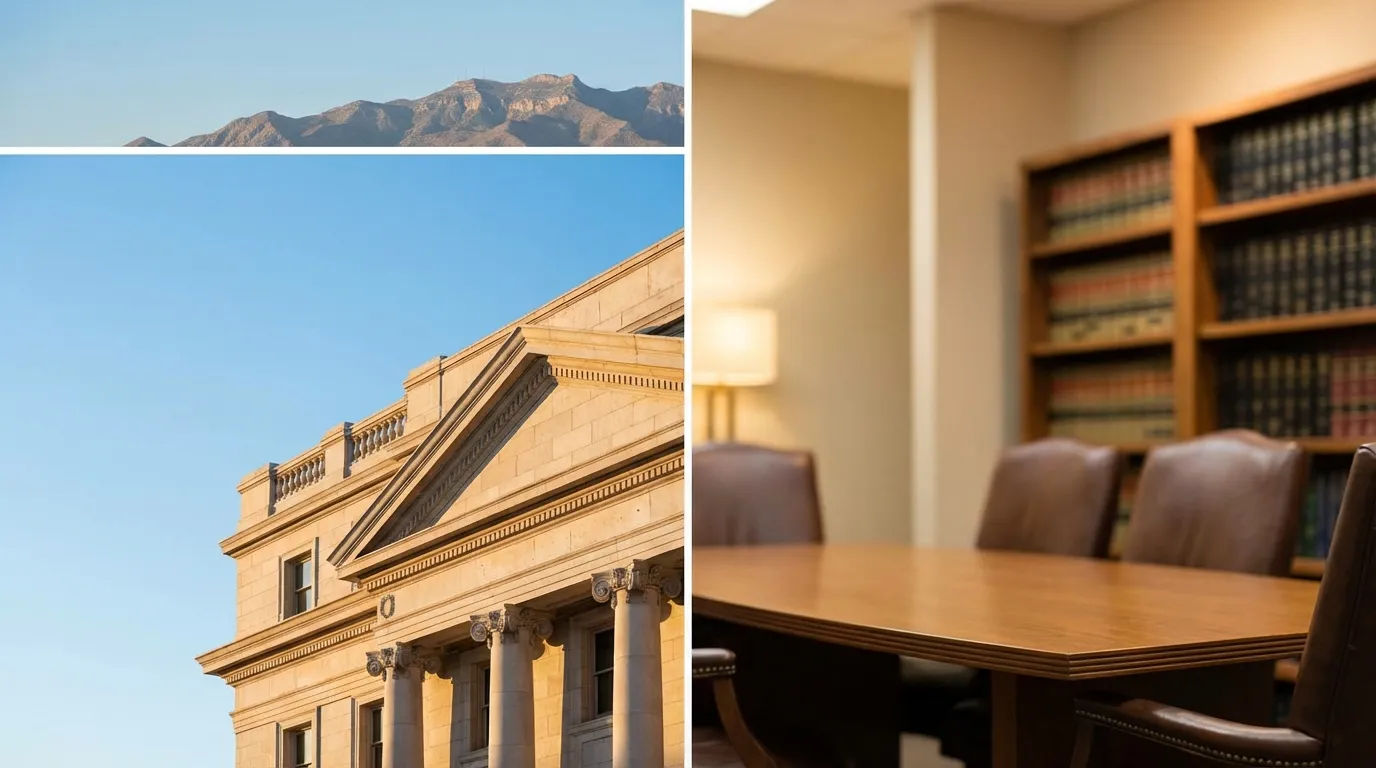 Professional immigration attorney in a modern El Paso law office reviewing case documents with the Franklin Mountains visible through the window