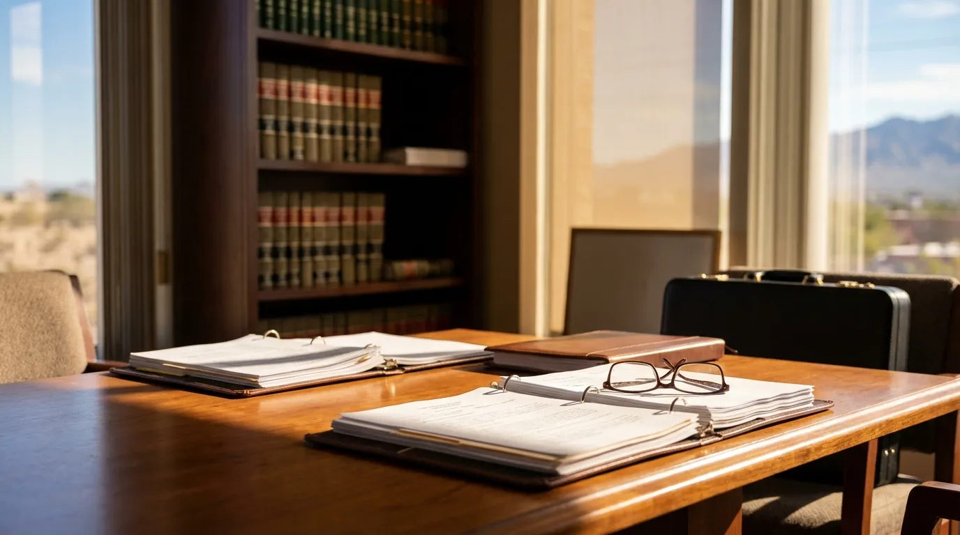 Professional immigration attorney in a modern El Paso law office reviewing case documents with the Franklin Mountains visible through the window