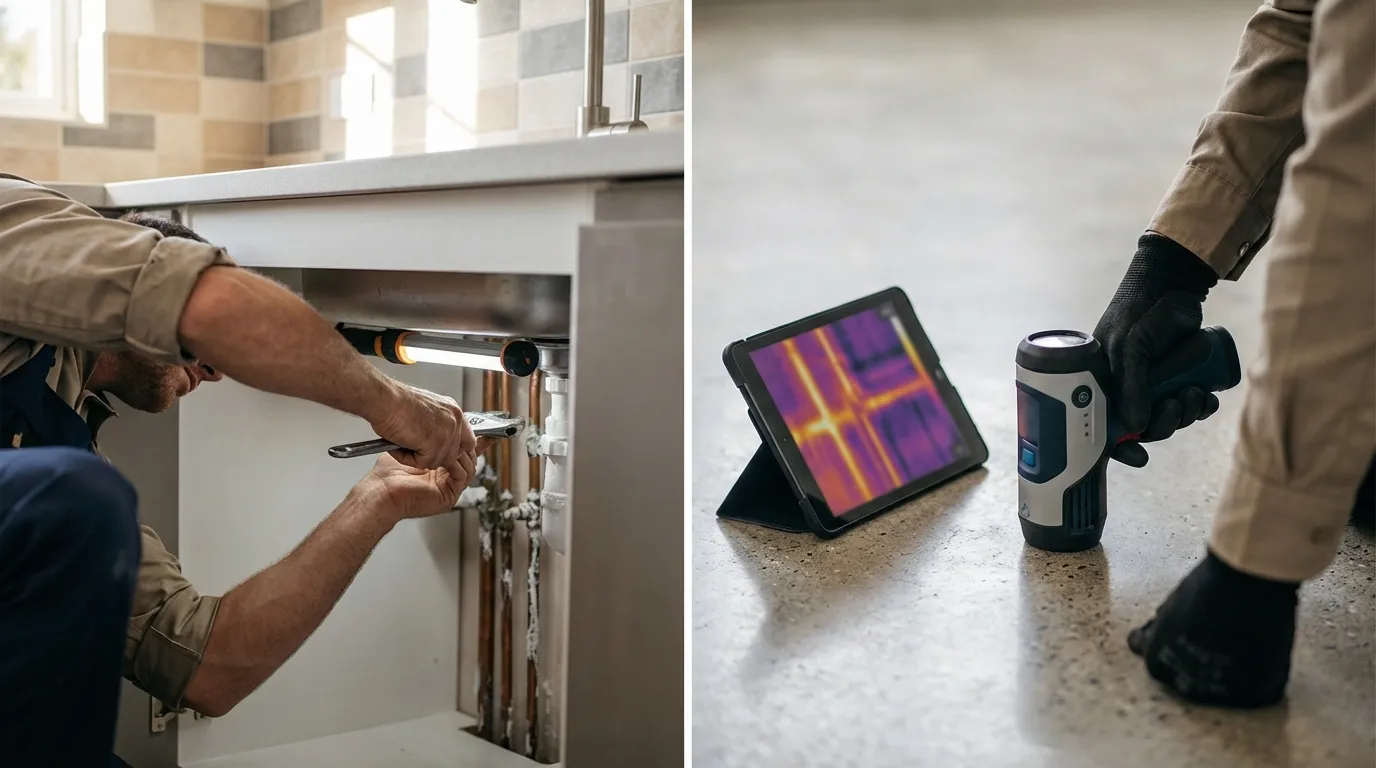 Licensed plumber performing slab leak detection with specialized equipment on a concrete floor in an El Paso, TX home