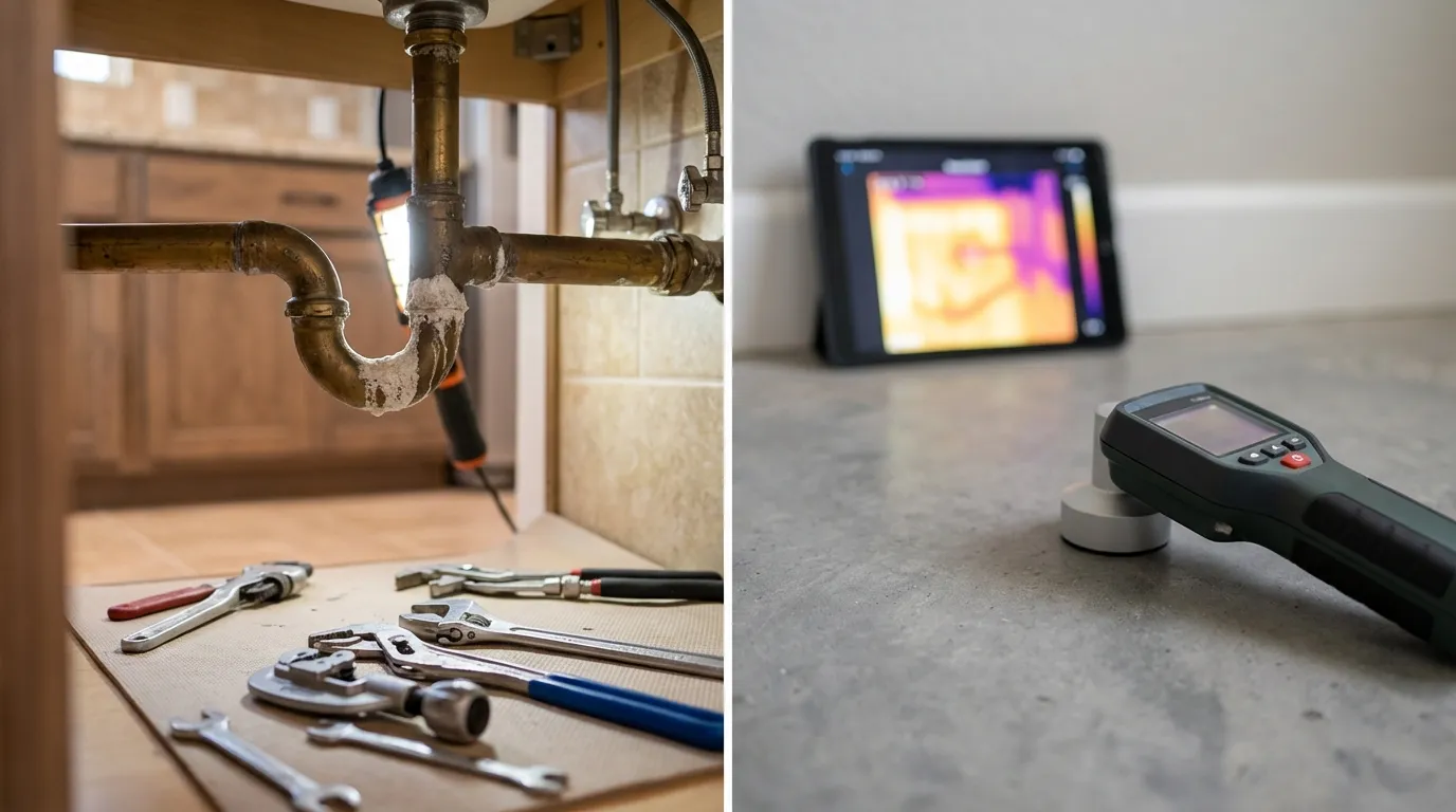 Licensed plumber performing slab leak detection with specialized equipment on a concrete floor in an El Paso, TX home