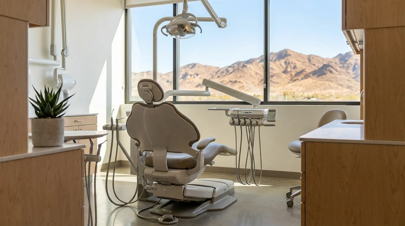 Modern dental practice interior in El Paso, TX with bilingual signage and a view of the Franklin Mountains through the window