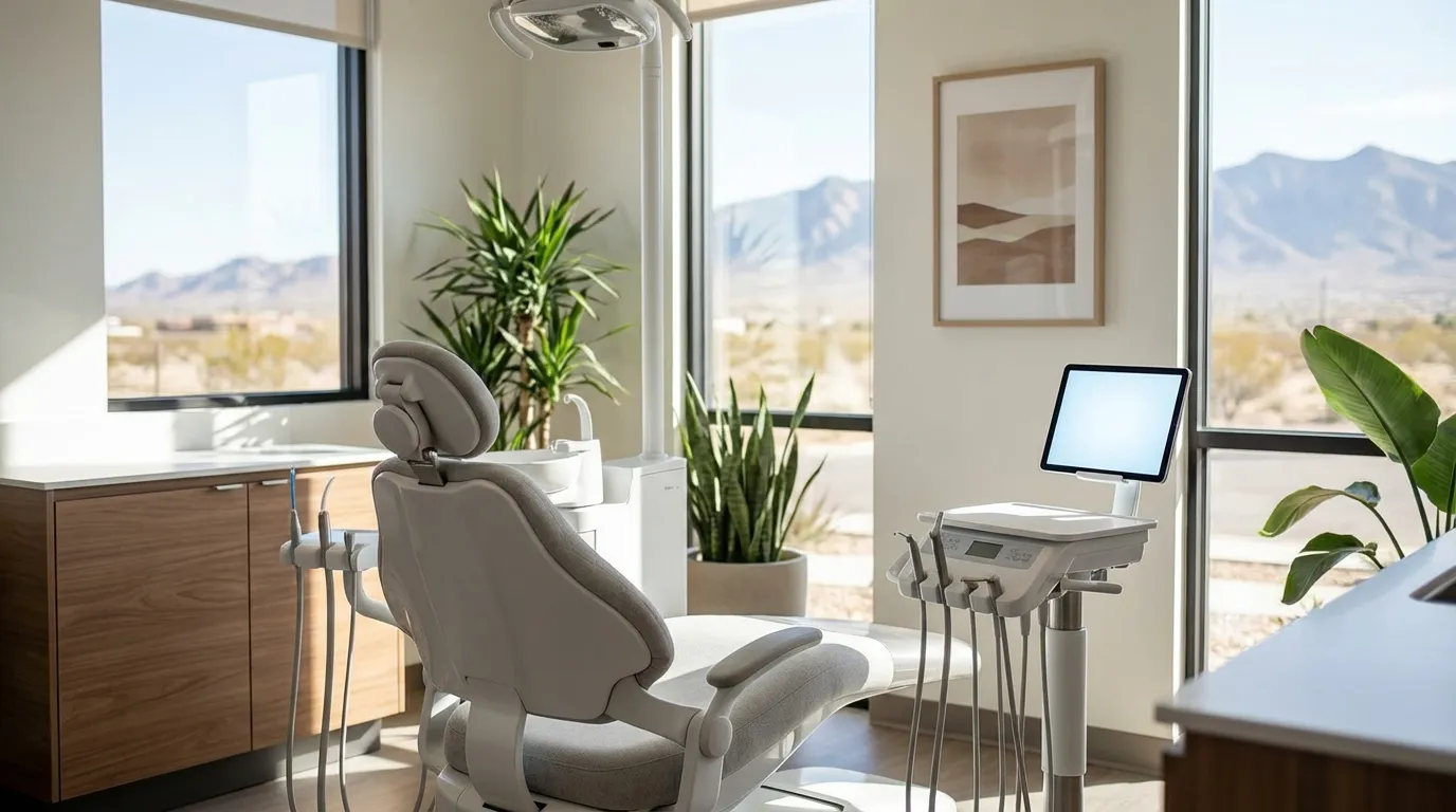 Modern dental practice interior in El Paso, TX with bilingual signage and a view of the Franklin Mountains through the window