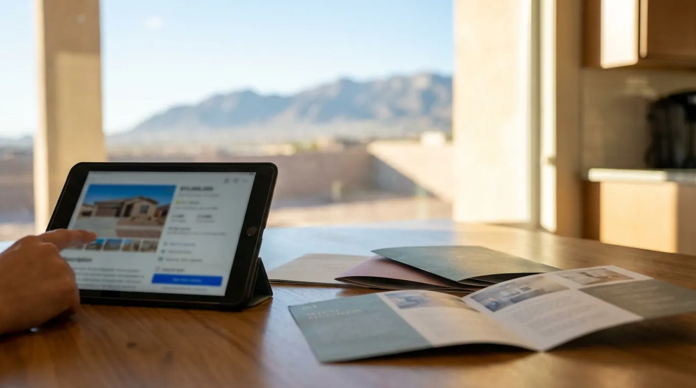 Real estate agent showing a single-family home in Northeast El Paso with Franklin Mountains visible in the background
