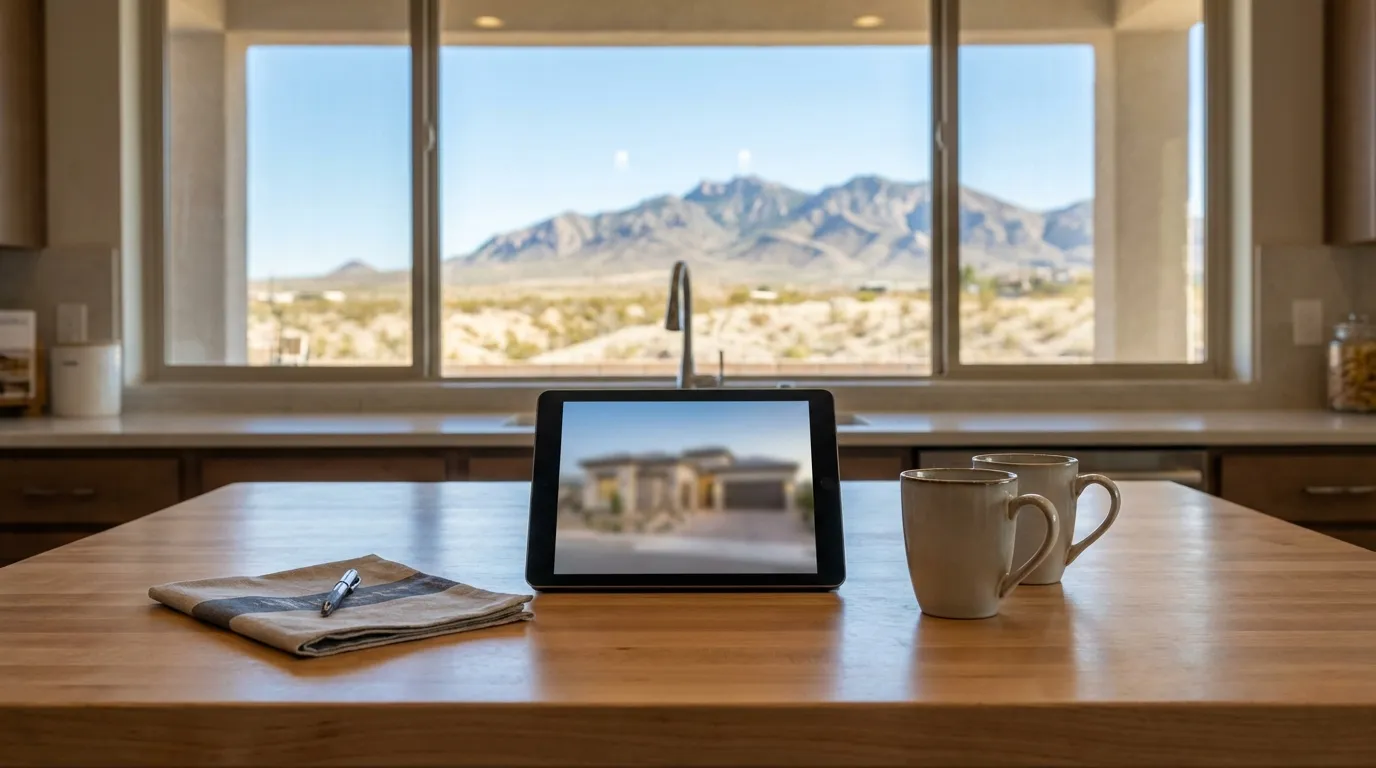 Real estate agent showing a single-family home in Northeast El Paso with Franklin Mountains visible in the background