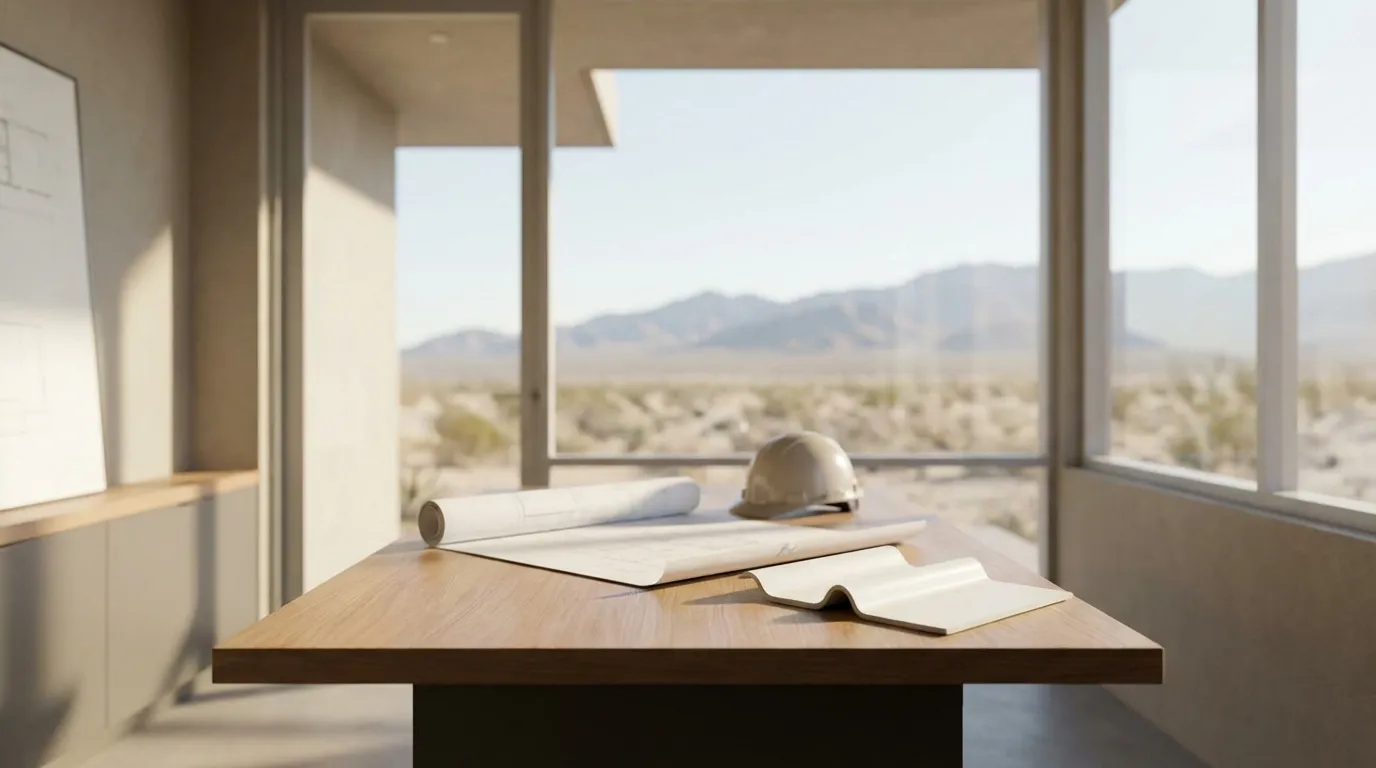 Roofing contractor inspecting a flat roof in El Paso, TX with the Franklin Mountains in the background under a bright desert sky