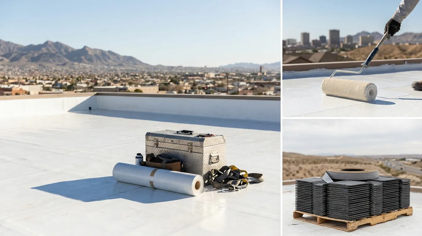 Roofing contractor inspecting a flat roof in El Paso, TX with the Franklin Mountains in the background under a bright desert sky