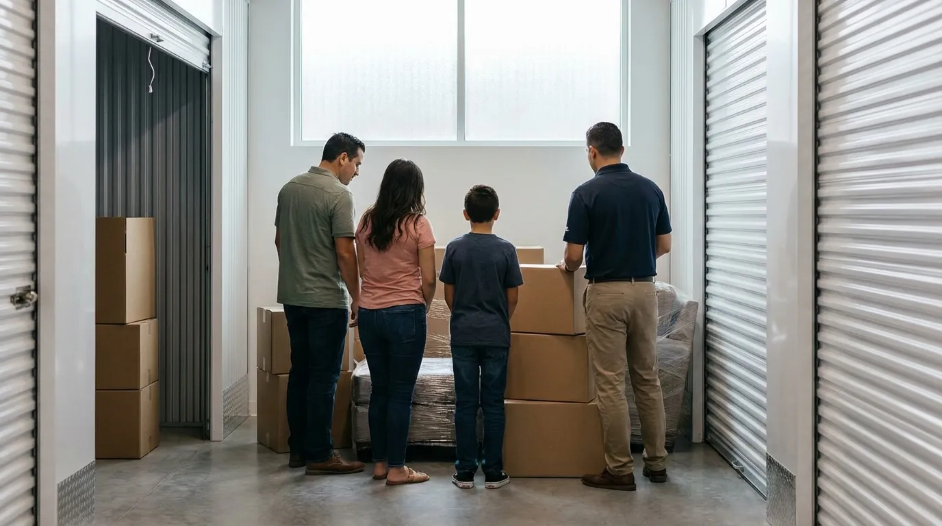 Moving truck being loaded by crew in front of a single-family home in El Paso, TX with Fort Bliss mountain backdrop visible