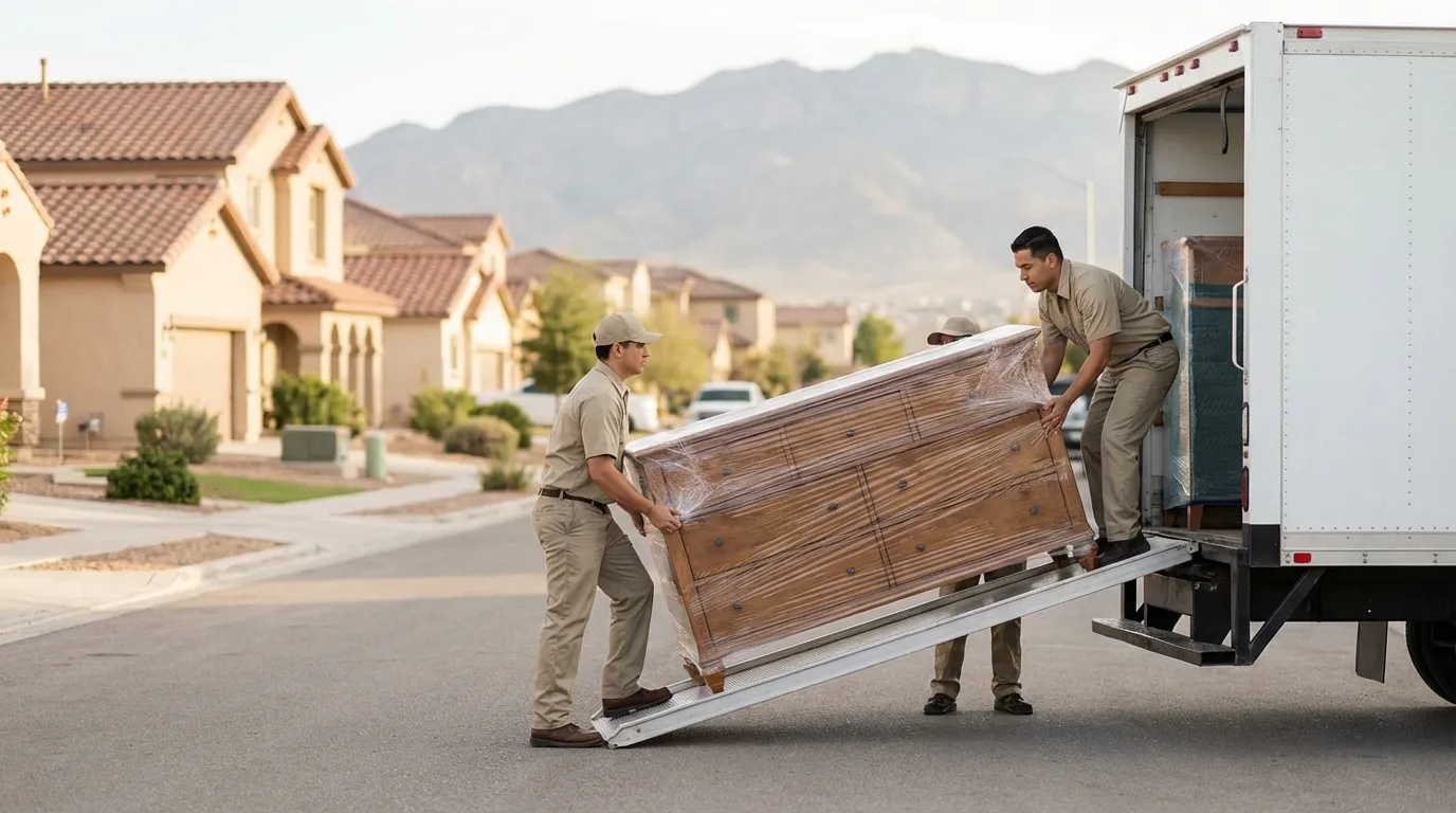 Moving truck being loaded by crew in front of a single-family home in El Paso, TX with Fort Bliss mountain backdrop visible