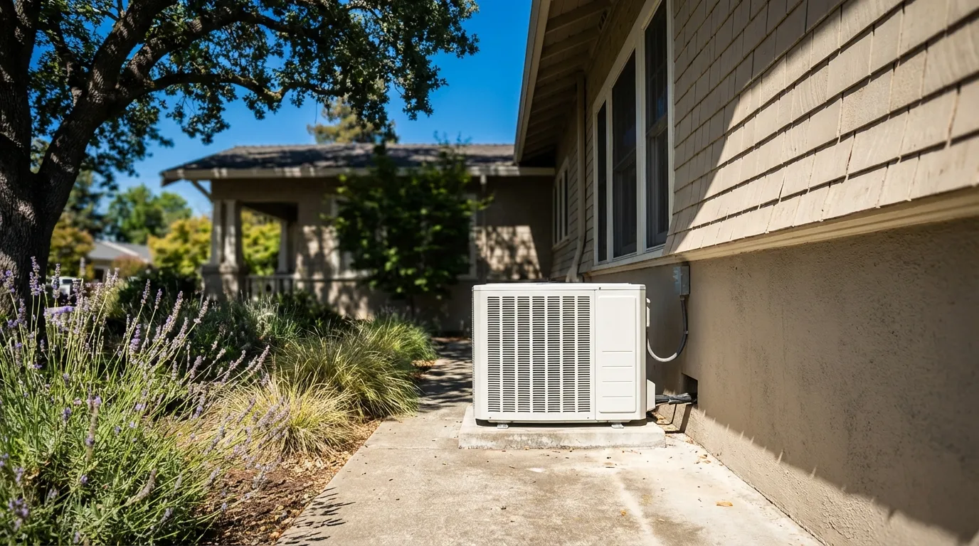 Professional HVAC technician servicing a central air conditioning unit outside a Sacramento Craftsman bungalow in Sacramento, CA