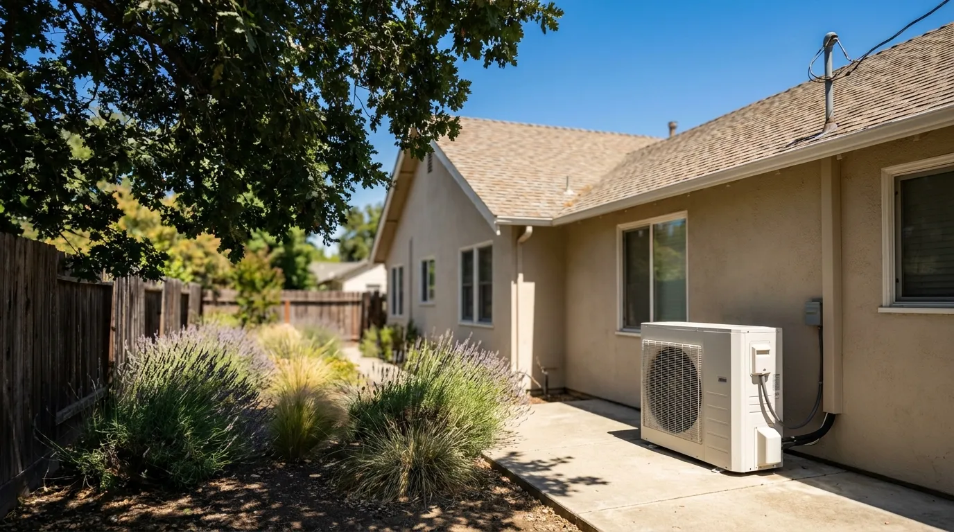 Professional HVAC technician servicing a central air conditioning unit outside a Sacramento Craftsman bungalow in Sacramento, CA