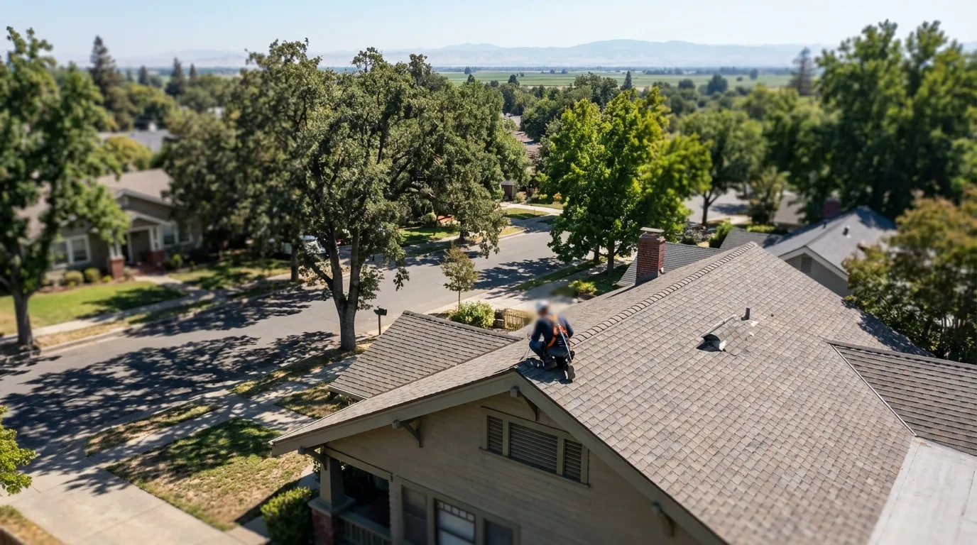 Professional roofing contractor reviewing a proposal with a Sacramento homeowner at a kitchen table in Sacramento, CA