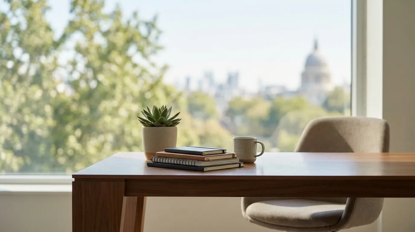 Sacramento attorney reviewing a case with a client in a law firm conference room overlooking midtown Sacramento, CA