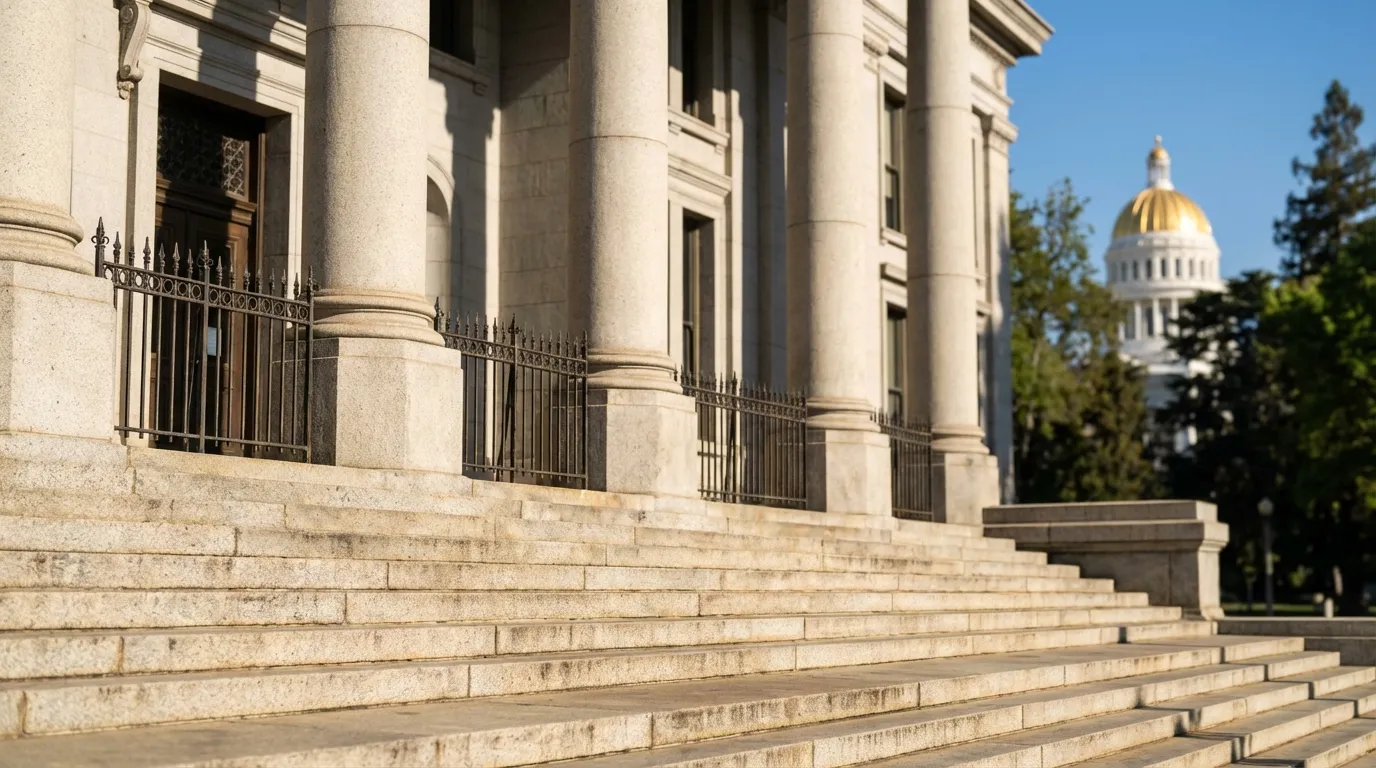 Sacramento attorney reviewing a case with a client in a law firm conference room overlooking midtown Sacramento, CA