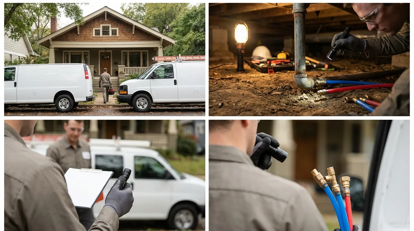 Professional plumber in uniform inspecting galvanized pipe in crawl space of older Sacramento home