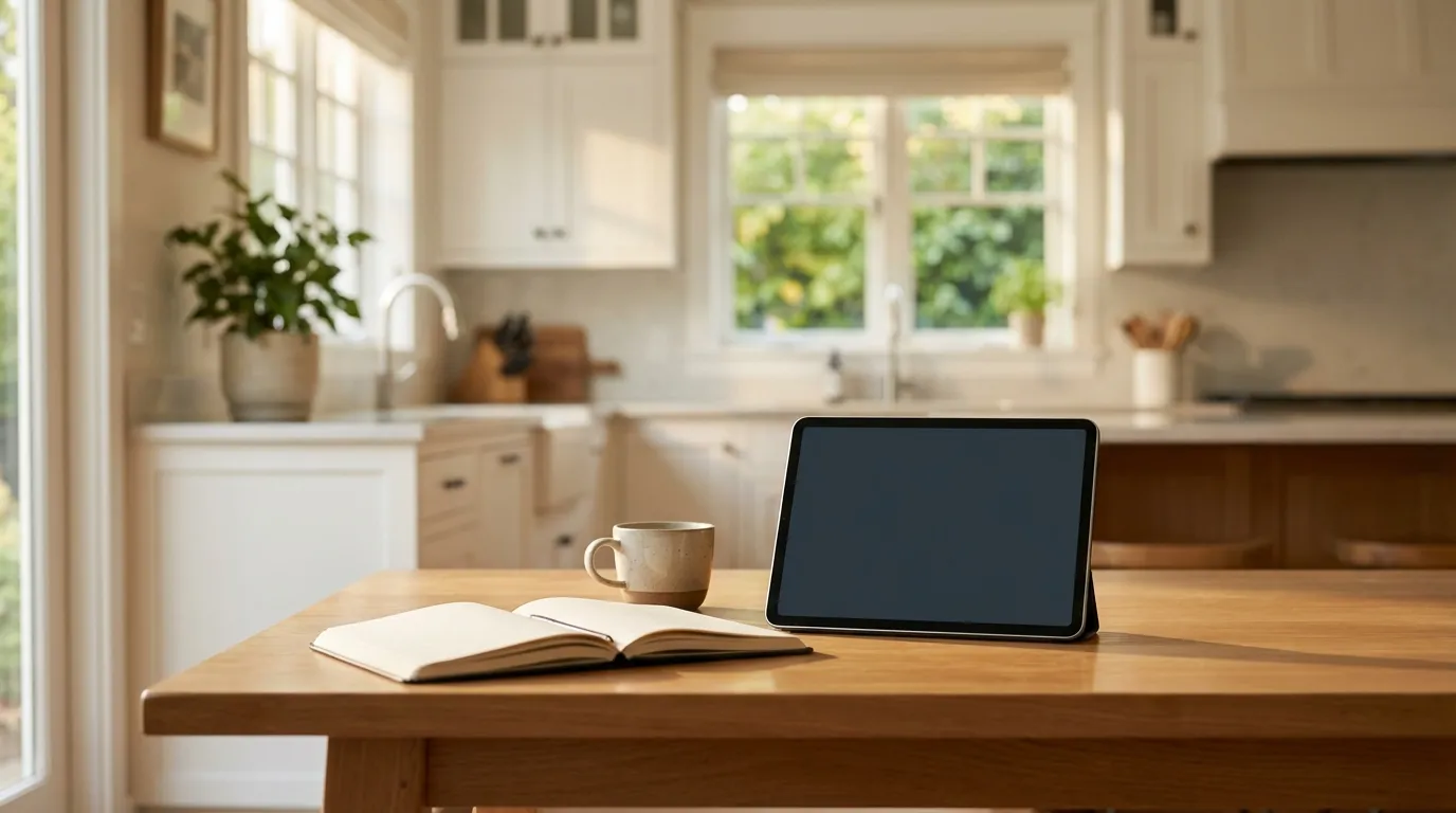 Real estate agent reviewing listing agreement with couple at kitchen table in Sacramento home