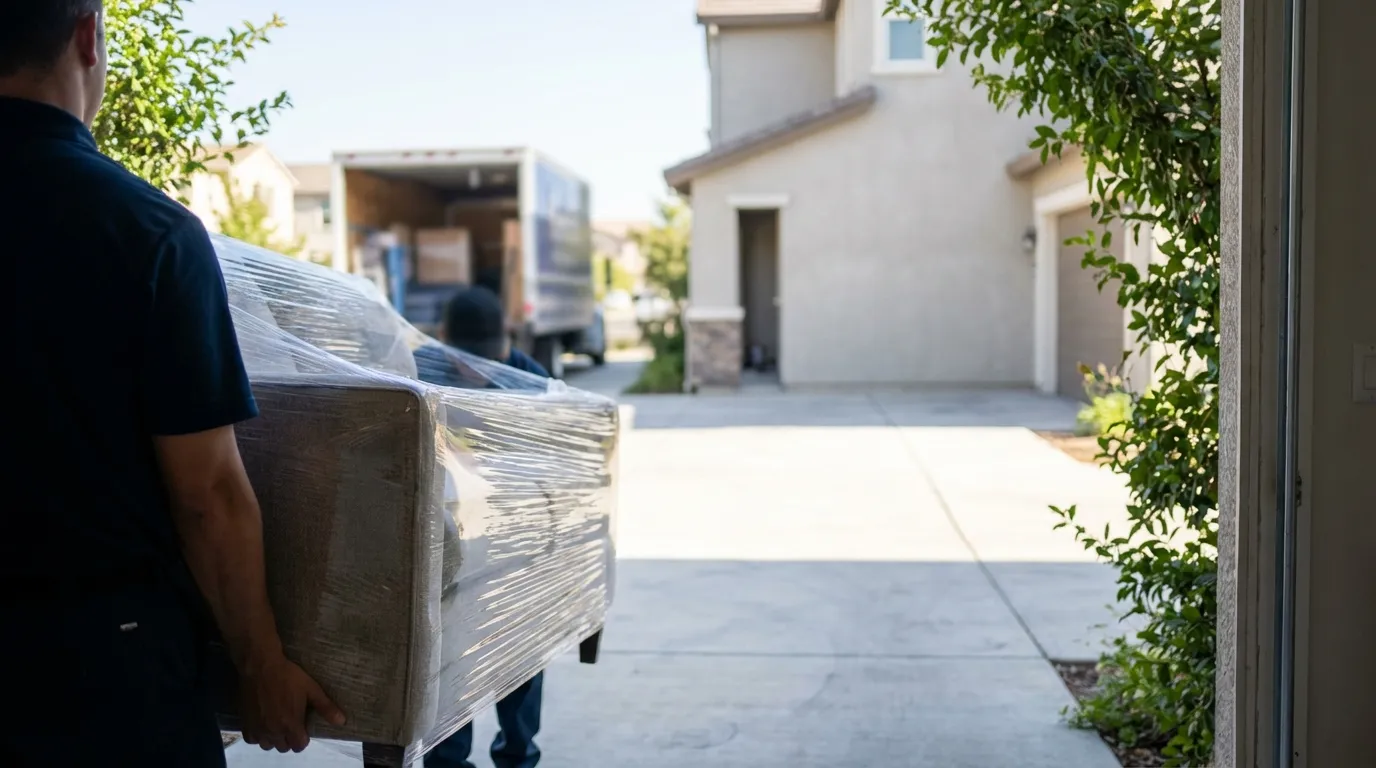 Two professional movers in uniform carrying wrapped furniture into Sacramento home with branded moving truck in driveway