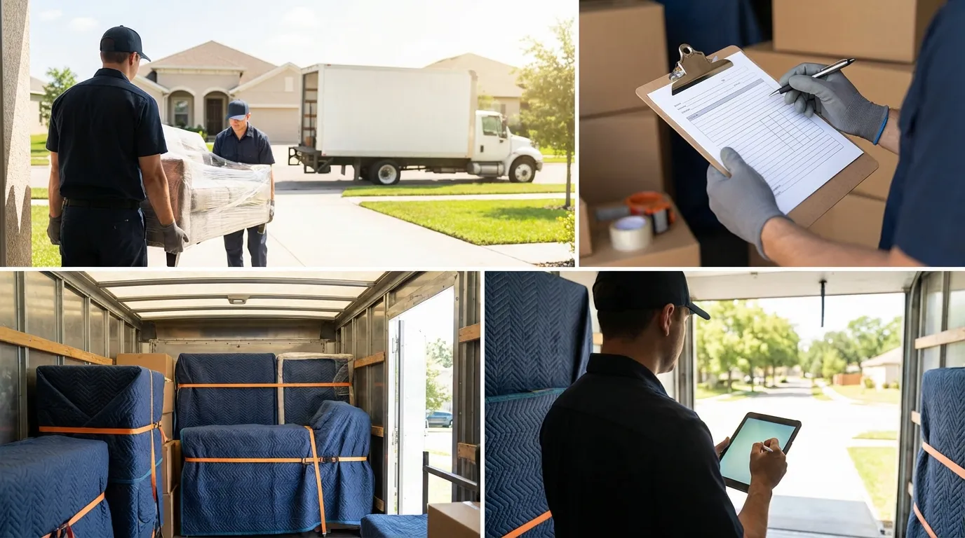 Two professional movers in uniform carrying wrapped furniture into Sacramento home with branded moving truck in driveway