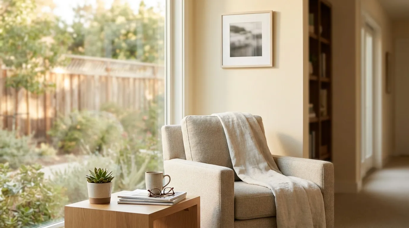 Professional caregiver in scrubs sitting with elderly man at table in warm Sacramento senior care home
