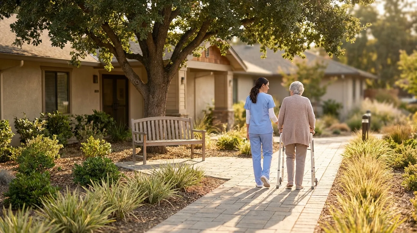 Professional caregiver in scrubs sitting with elderly man at table in warm Sacramento senior care home