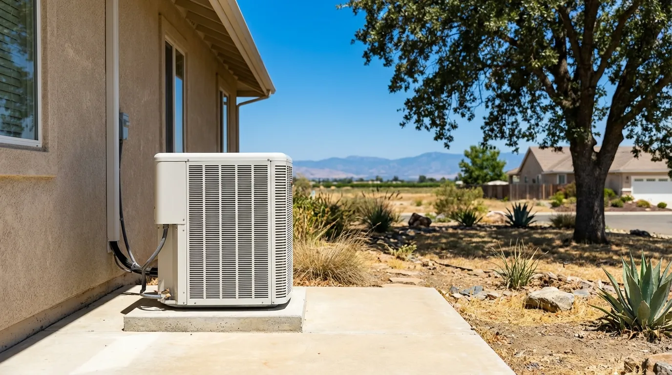 Professional HVAC technician servicing a residential air conditioning unit in a Fresno, CA suburban neighborhood