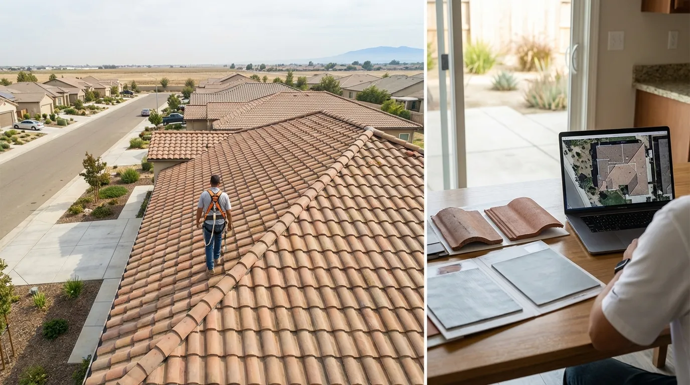 Professional roofing contractor inspecting a tile roof on a Fresno, CA residential home
