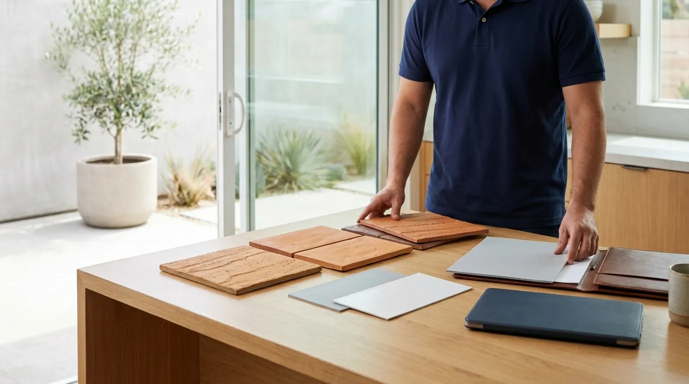 Professional roofing contractor inspecting a tile roof on a Fresno, CA residential home