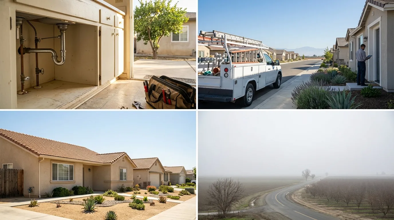 Licensed plumber servicing water heater and pipes in a Fresno, CA residential home