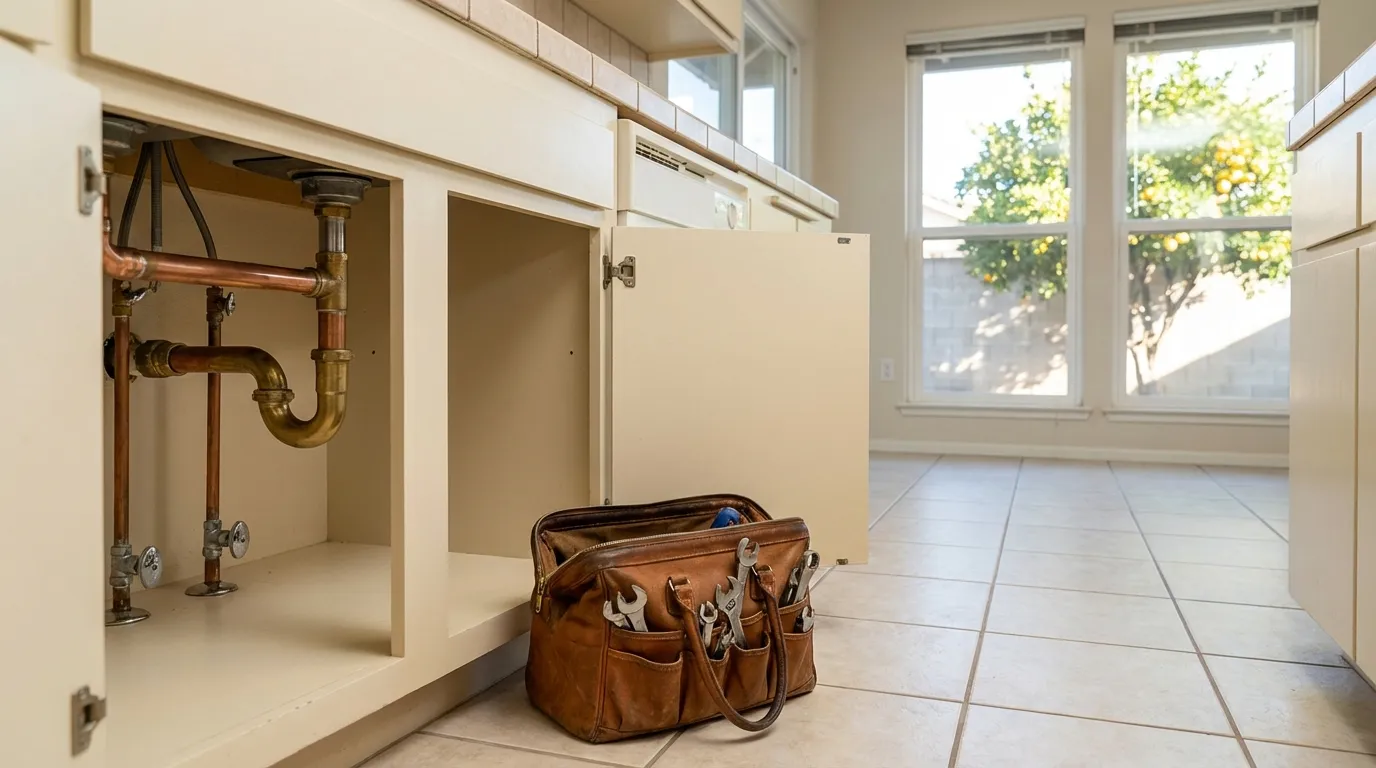 Licensed plumber servicing water heater and pipes in a Fresno, CA residential home