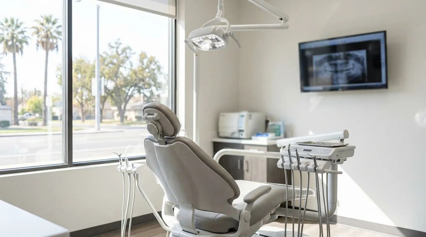 Modern dental office interior with dentist consulting with patient in Fresno, CA