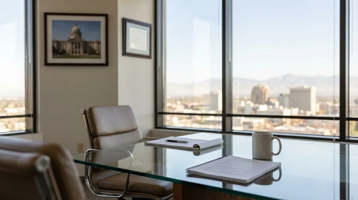 Professional law office consultation in Fresno, CA with bilingual attorney reviewing case documents with a client