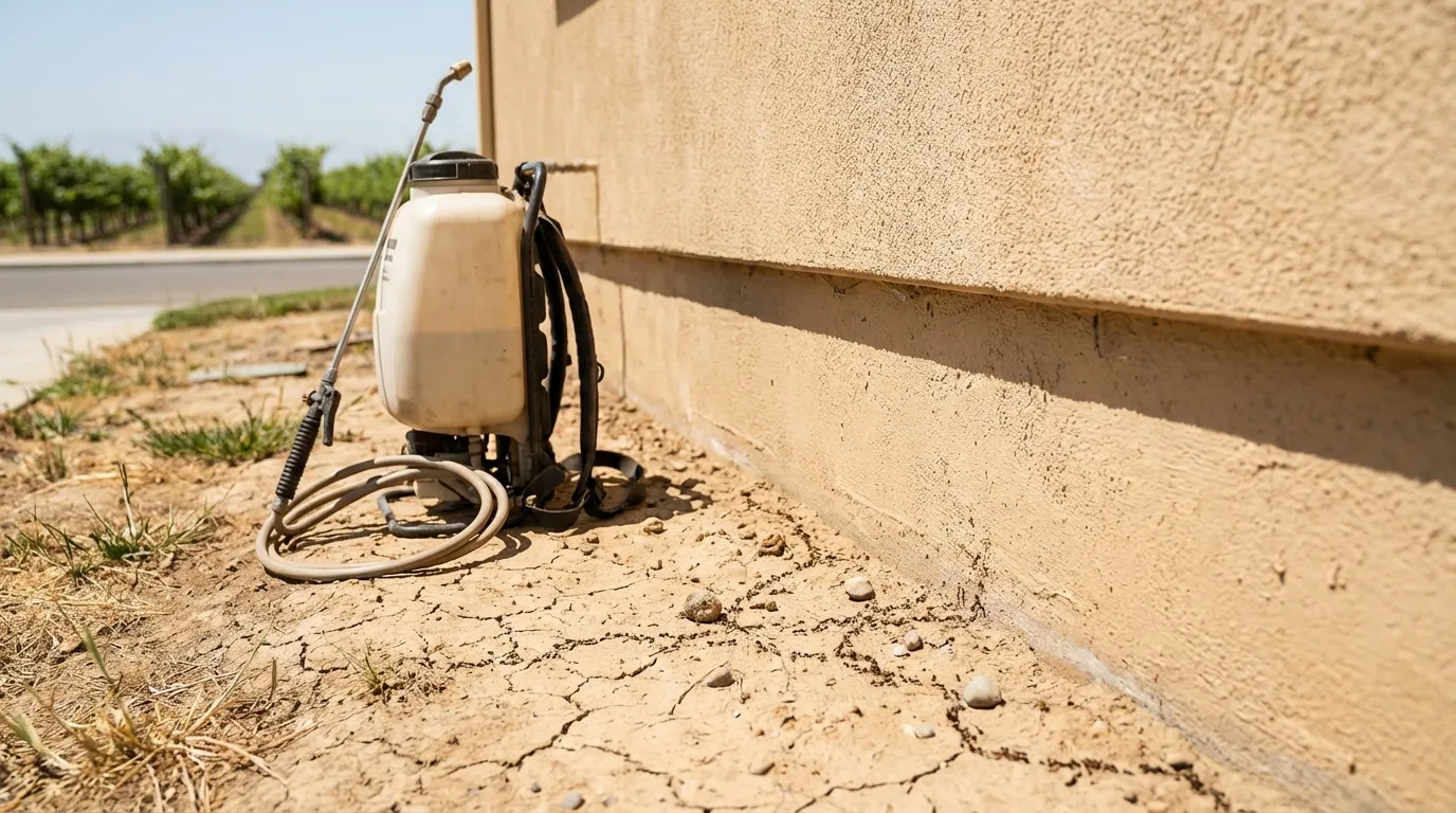 Licensed pest control technician treating the exterior foundation of a Fresno, CA residential property near agricultural fields
