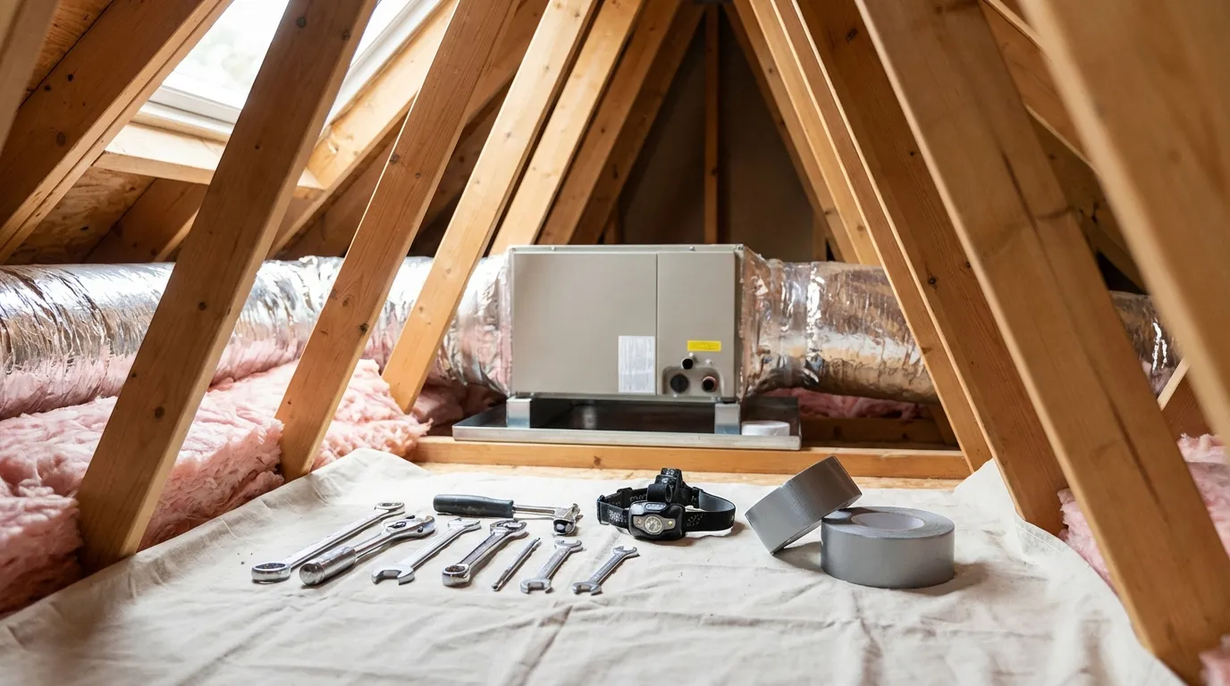 HVAC technician servicing an outdoor AC condenser unit at a Virginia Beach residential home, coastal salt-air environment