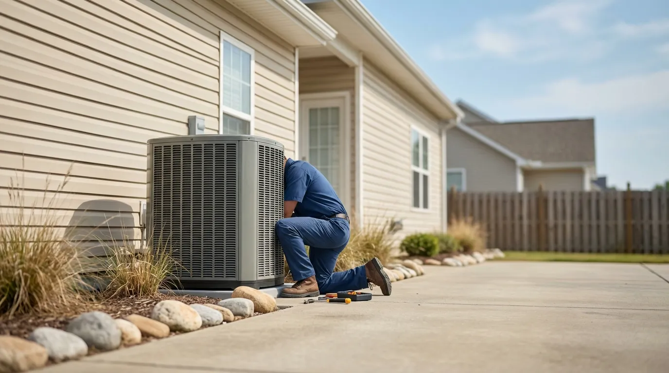 HVAC technician servicing an outdoor AC condenser unit at a Virginia Beach residential home, coastal salt-air environment