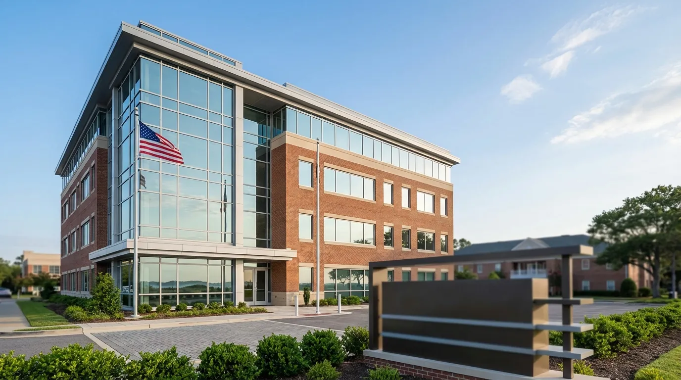 Professional attorney meeting with a military family at a law office in Virginia Beach, VA, reviewing legal documents